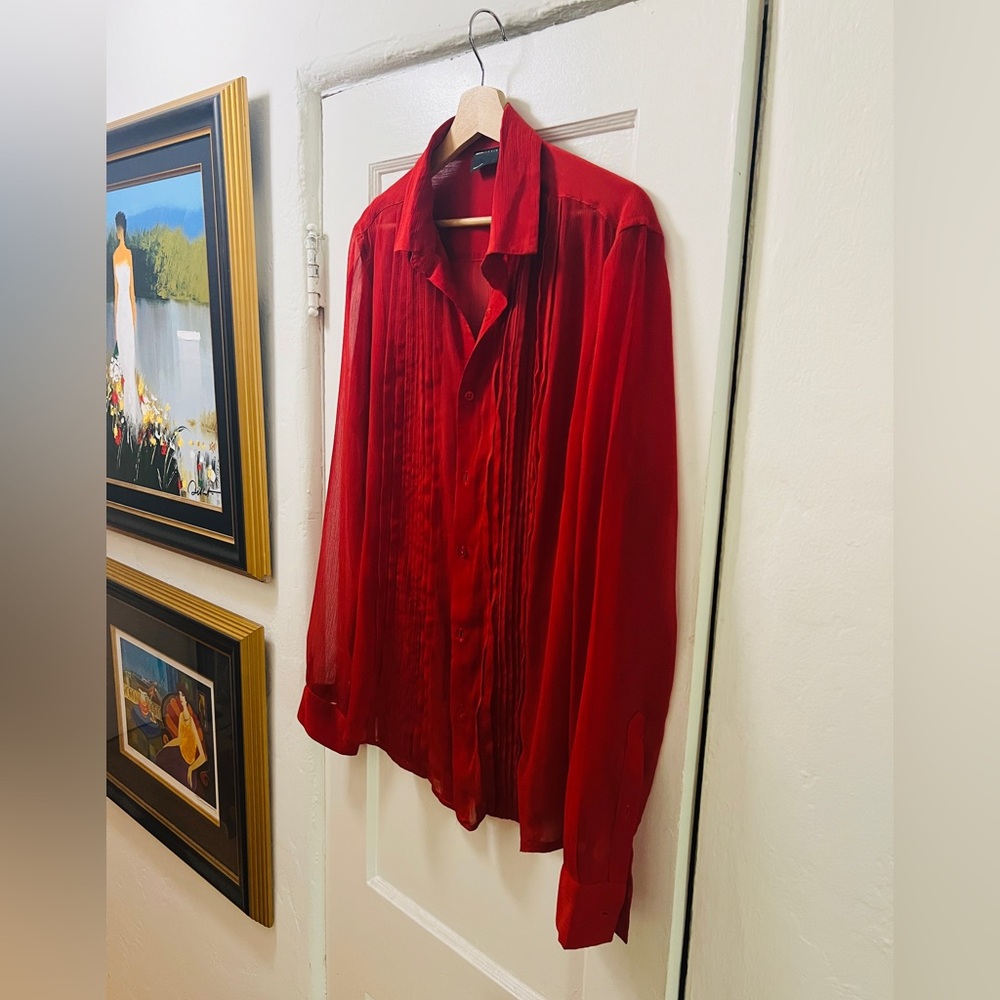 ASOS Sheer Red Long Sleeve Modern Tuxedo Dress Shirt Size Medium